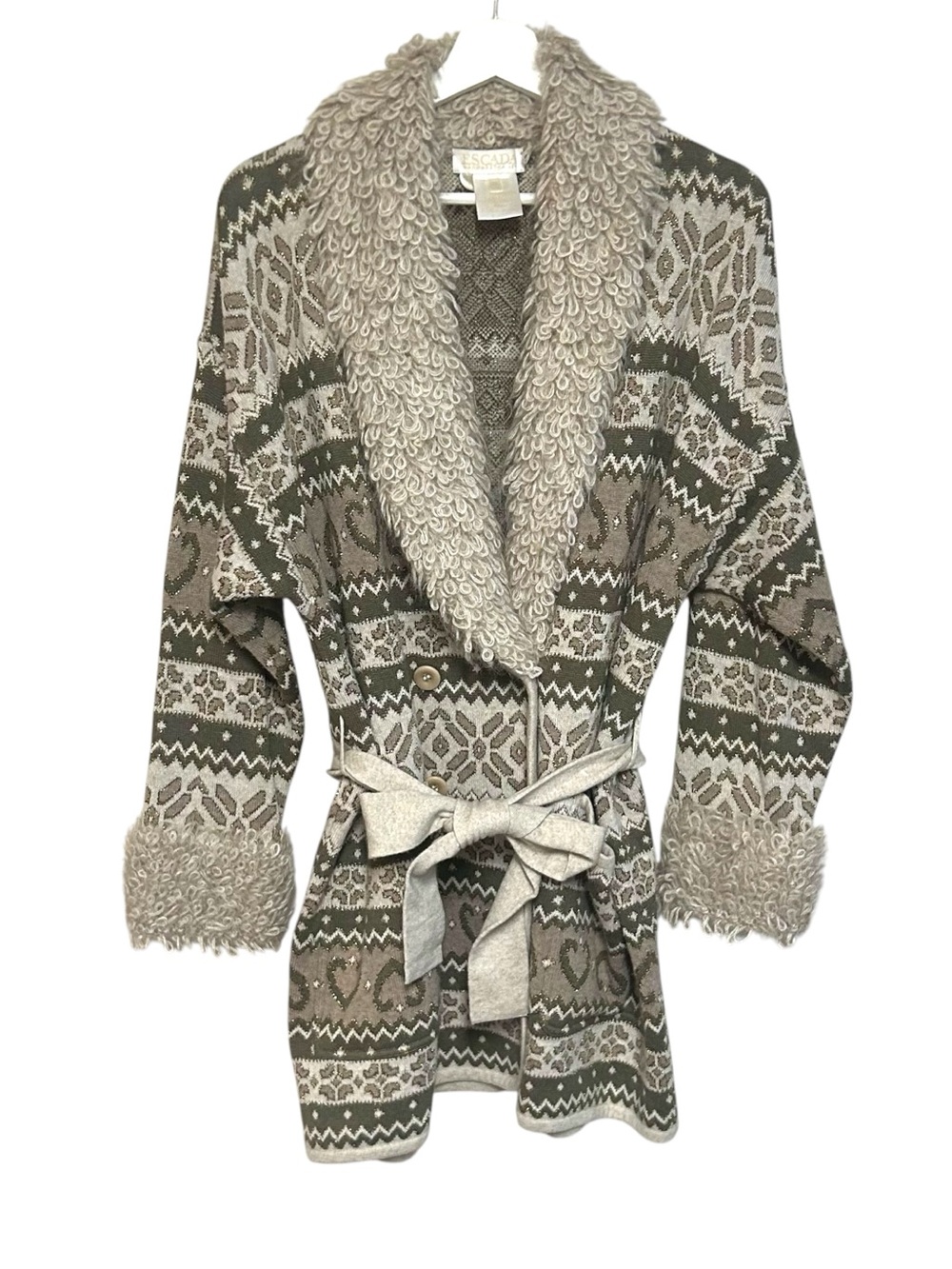 Vintage Escada 38 Margaretha Ley wool knit cardigan tie waist button angora trim